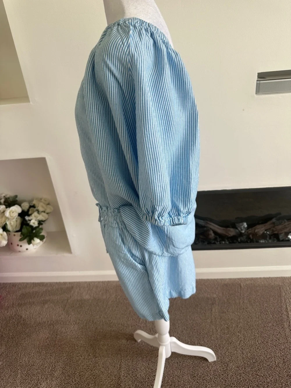 LOFT Light Blue & White Striped One-Shoulder set blouse and short